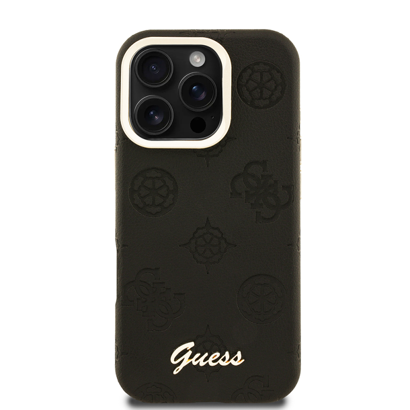 Apple iPhone 16 Pro Kılıf Guess Orjinal Lisanslı M-safe Şarj Özellikli Sıcak Baskılı Yazı Logolu Kamera Standlı PU Deri Peony Kapak - 6