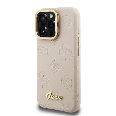Apple iPhone 16 Pro Kılıf Guess Orjinal Lisanslı M-safe Şarj Özellikli Sıcak Baskılı Yazı Logolu Kamera Standlı PU Deri Peony Kapak - 12