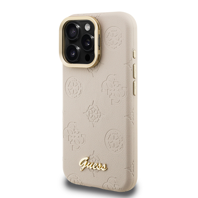 Apple iPhone 16 Pro Kılıf Guess Orjinal Lisanslı M-safe Şarj Özellikli Sıcak Baskılı Yazı Logolu Kamera Standlı PU Deri Peony Kapak - 12