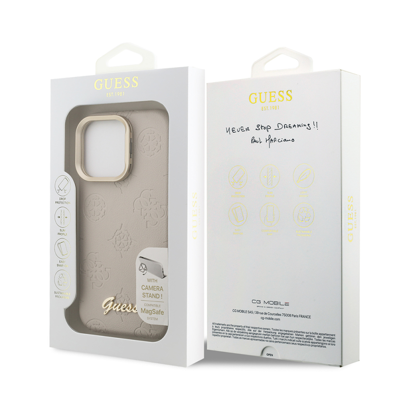 Apple iPhone 16 Pro Kılıf Guess Orjinal Lisanslı M-safe Şarj Özellikli Sıcak Baskılı Yazı Logolu Kamera Standlı PU Deri Peony Kapak - 18