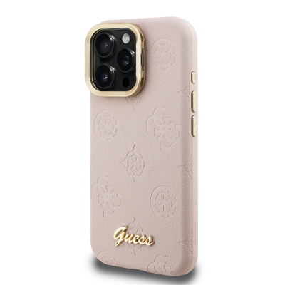Apple iPhone 16 Pro Kılıf Guess Orjinal Lisanslı M-safe Şarj Özellikli Sıcak Baskılı Yazı Logolu Kamera Standlı PU Deri Peony Kapak - 19