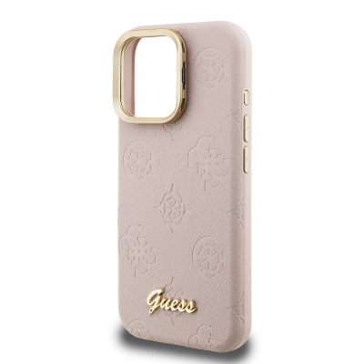 Apple iPhone 16 Pro Kılıf Guess Orjinal Lisanslı M-safe Şarj Özellikli Sıcak Baskılı Yazı Logolu Kamera Standlı PU Deri Peony Kapak - 23
