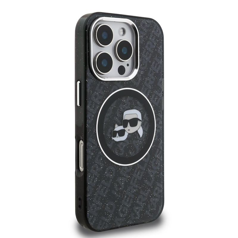 Apple iPhone 16 Pro Kılıf Karl Lagerfeld Orjinal Lisanslı Parlayan Simli Karl & Choupette Heads Kapak - 5