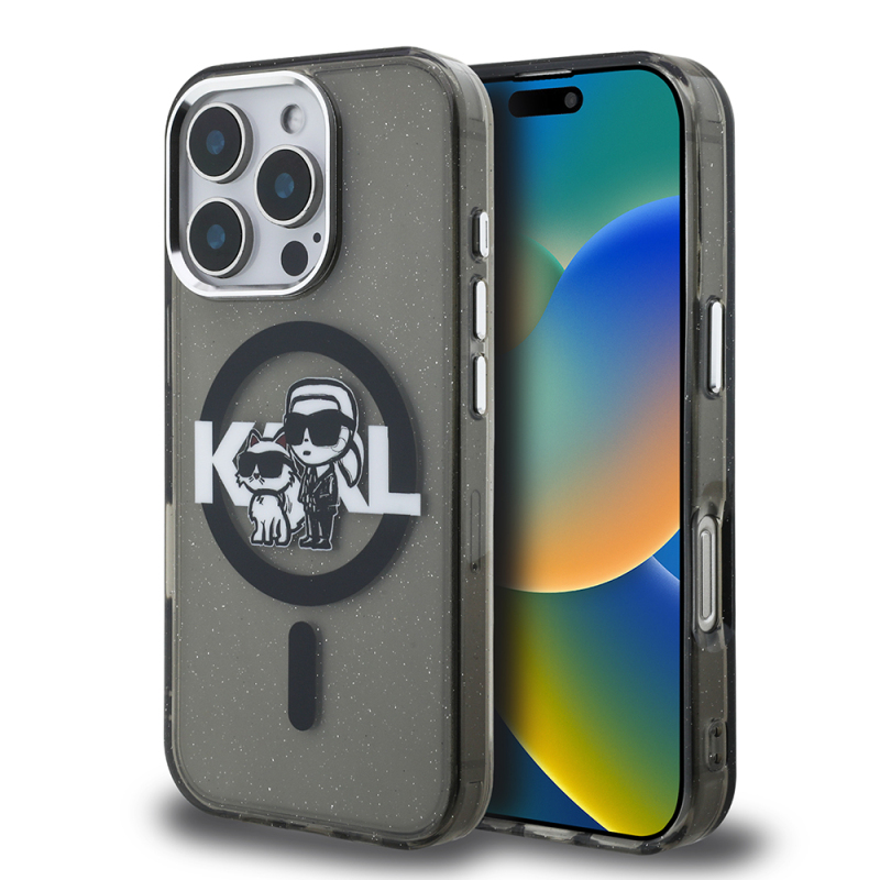 Apple iPhone 16 Pro Kılıf Karl Lagerfeld Orjinal Lisanslı Parlayan Simli Karl & Choupette Sketch Logo Kapak - 1