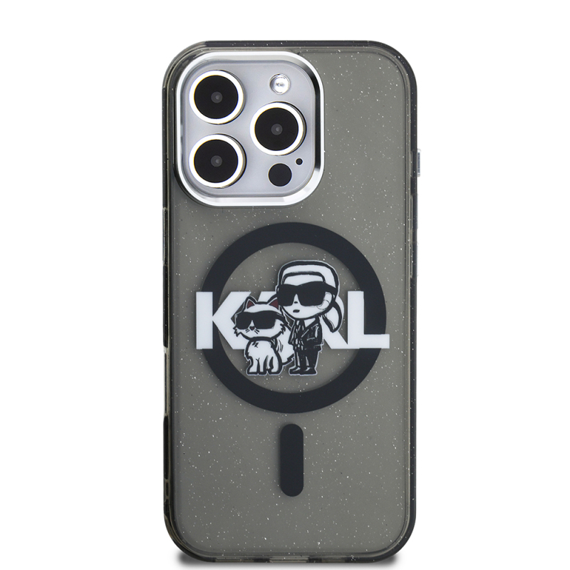 Apple iPhone 16 Pro Kılıf Karl Lagerfeld Orjinal Lisanslı Parlayan Simli Karl & Choupette Sketch Logo Kapak - 4