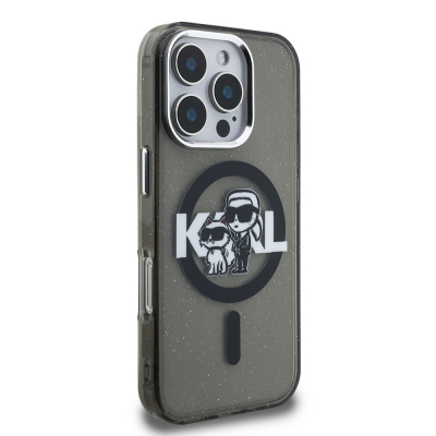 Apple iPhone 16 Pro Kılıf Karl Lagerfeld Orjinal Lisanslı Parlayan Simli Karl & Choupette Sketch Logo Kapak - 5