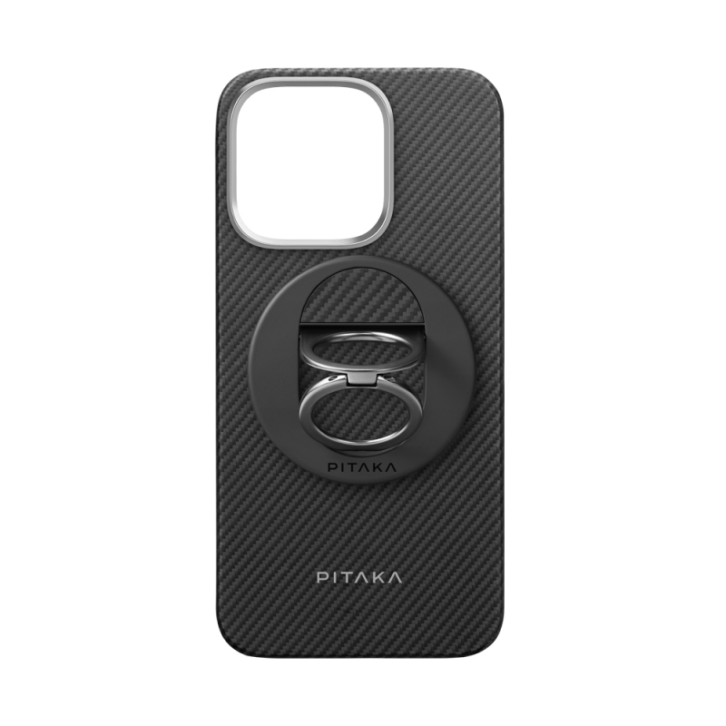 Apple iPhone 16 Pro Kılıf M-safe Şarj Özellikli Grip 3 Standlı 600D Aramid Fiber Pitaka Ultra-Slim Classic Serisi Black-Grey Twill Kapak - 1