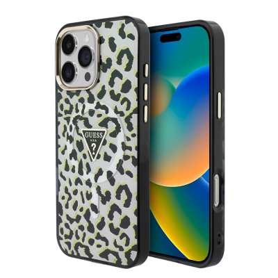 Apple iPhone 16 Pro Max Case Guess Original Licensed M-safe Charging Enabled Triangle Logo Glitter Leopard Pattern Cover - 2