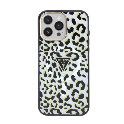 Apple iPhone 16 Pro Max Case Guess Original Licensed M-safe Charging Enabled Triangle Logo Glitter Leopard Pattern Cover - 4