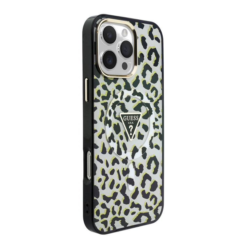 Apple iPhone 16 Pro Max Case Guess Original Licensed M-safe Charging Enabled Triangle Logo Glitter Leopard Pattern Cover - 1