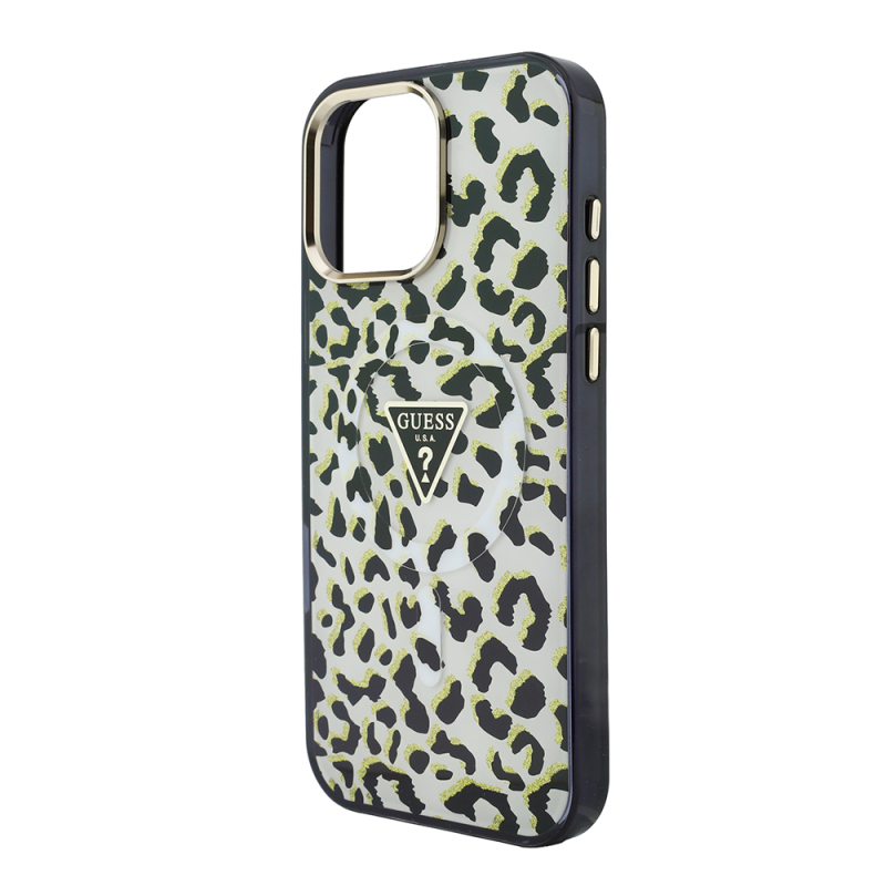 Apple iPhone 16 Pro Max Case Guess Original Licensed M-safe Charging Enabled Triangle Logo Glitter Leopard Pattern Cover - 6
