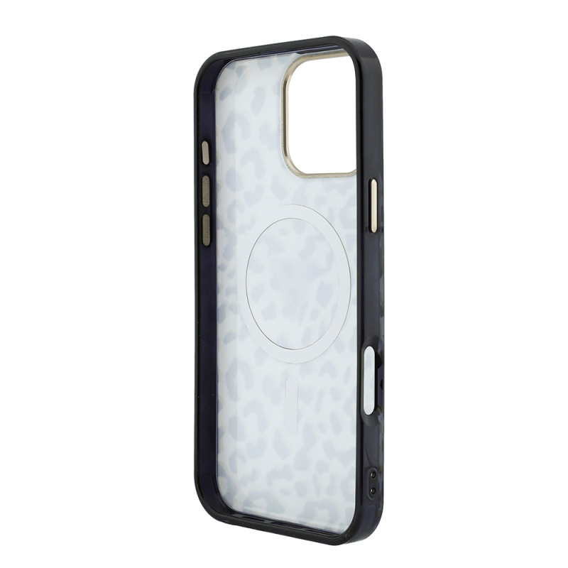 Apple iPhone 16 Pro Max Case Guess Original Licensed M-safe Charging Enabled Triangle Logo Glitter Leopard Pattern Cover - 7