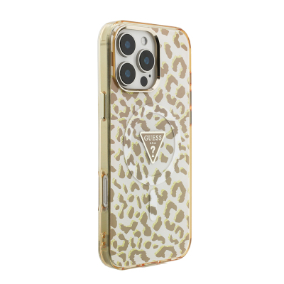 Apple iPhone 16 Pro Max Case Guess Original Licensed M-safe Charging Enabled Triangle Logo Glitter Leopard Pattern Cover - 9