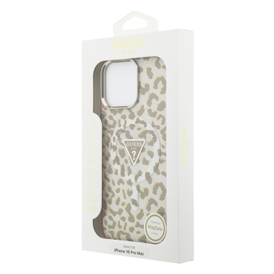 Apple iPhone 16 Pro Max Case Guess Original Licensed M-safe Charging Enabled Triangle Logo Glitter Leopard Pattern Cover - 15