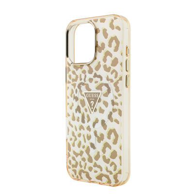 Apple iPhone 16 Pro Max Case Guess Original Licensed M-safe Charging Enabled Triangle Logo Glitter Leopard Pattern Cover - 11