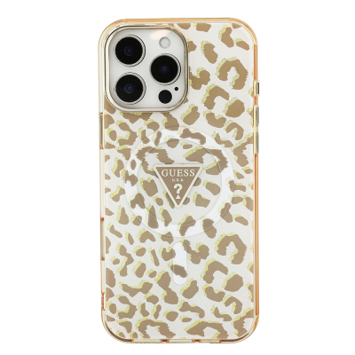 Apple iPhone 16 Pro Max Case Guess Original Licensed M-safe Charging Enabled Triangle Logo Glitter Leopard Pattern Cover - 13