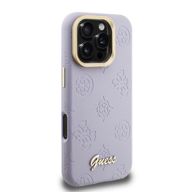 Apple iPhone 16 Pro Max Case Guess Original Licensed M-safe Charging Feature Hot Printed Text Logo Camera Stand PU Leather Peony Cover - 8