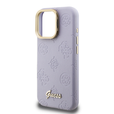 Apple iPhone 16 Pro Max Case Guess Original Licensed M-safe Charging Feature Hot Printed Text Logo Camera Stand PU Leather Peony Cover - 10