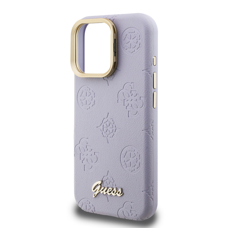 Apple iPhone 16 Pro Max Case Guess Original Licensed M-safe Charging Feature Hot Printed Text Logo Camera Stand PU Leather Peony Cover - 10