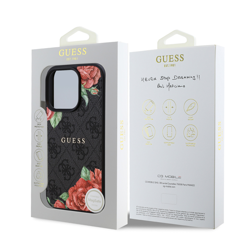 Apple iPhone 16 Pro Max Case Guess Original Licensed Magsafe Charging Feature Rose Printed 4G Patterned Text Logo Cover - 9