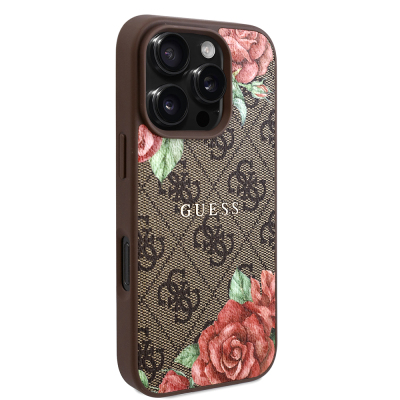 Apple iPhone 16 Pro Max Case Guess Original Licensed Magsafe Charging Feature Rose Printed 4G Patterned Text Logo Cover - 13