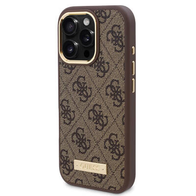 Apple iPhone 16 Pro Max Case Guess Original Licensed Magsafe Charging Featured 4G Patterned PU Metal Plate Classic Logo Cover - 21