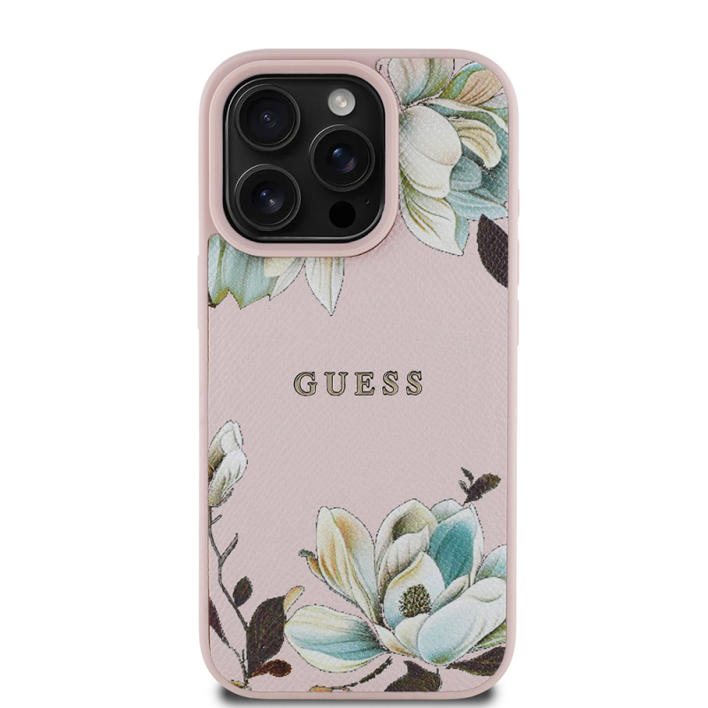 Apple iPhone 16 Pro Max Case Guess Original Licensed Magsafe Charging Featured Grained Flower Design Metal Text Logo Cover - 1
