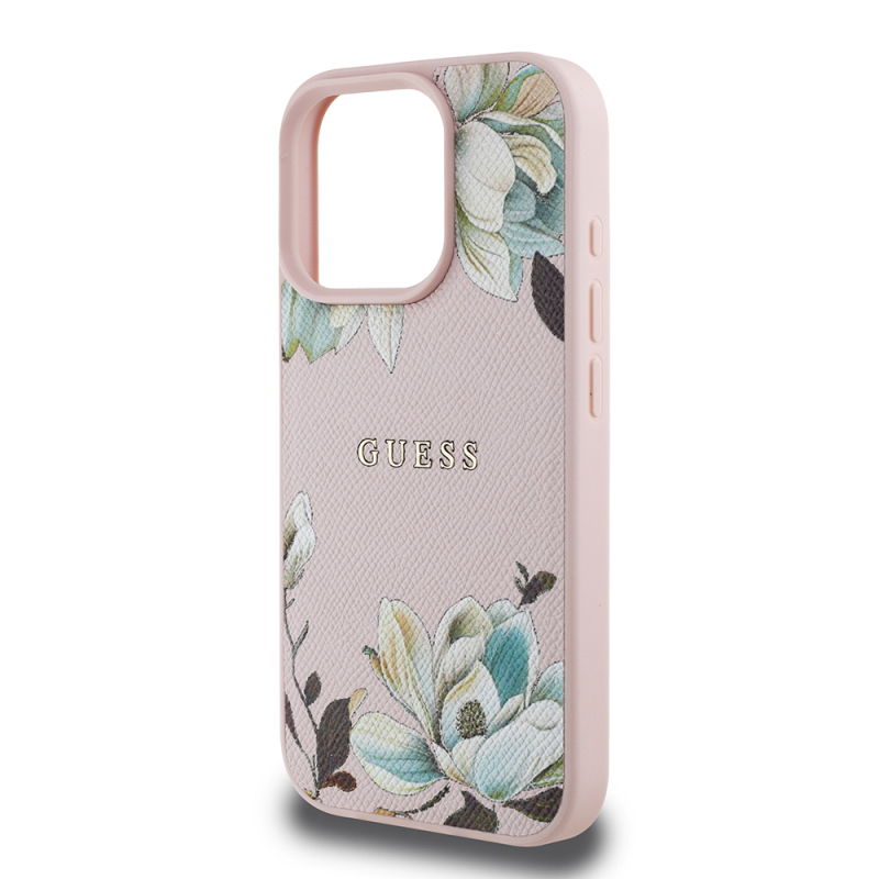 Apple iPhone 16 Pro Max Case Guess Original Licensed Magsafe Charging Featured Grained Flower Design Metal Text Logo Cover - 7