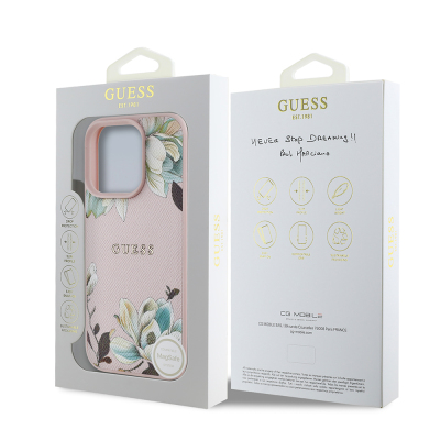 Apple iPhone 16 Pro Max Case Guess Original Licensed Magsafe Charging Featured Grained Flower Design Metal Text Logo Cover - 11