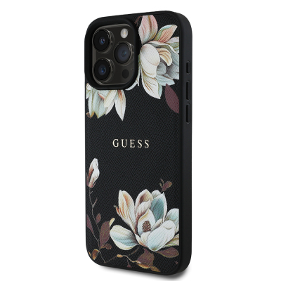 Apple iPhone 16 Pro Max Case Guess Original Licensed Magsafe Charging Featured Grained Flower Design Metal Text Logo Cover - 13
