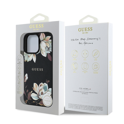 Apple iPhone 16 Pro Max Case Guess Original Licensed Magsafe Charging Featured Grained Flower Design Metal Text Logo Cover - 18