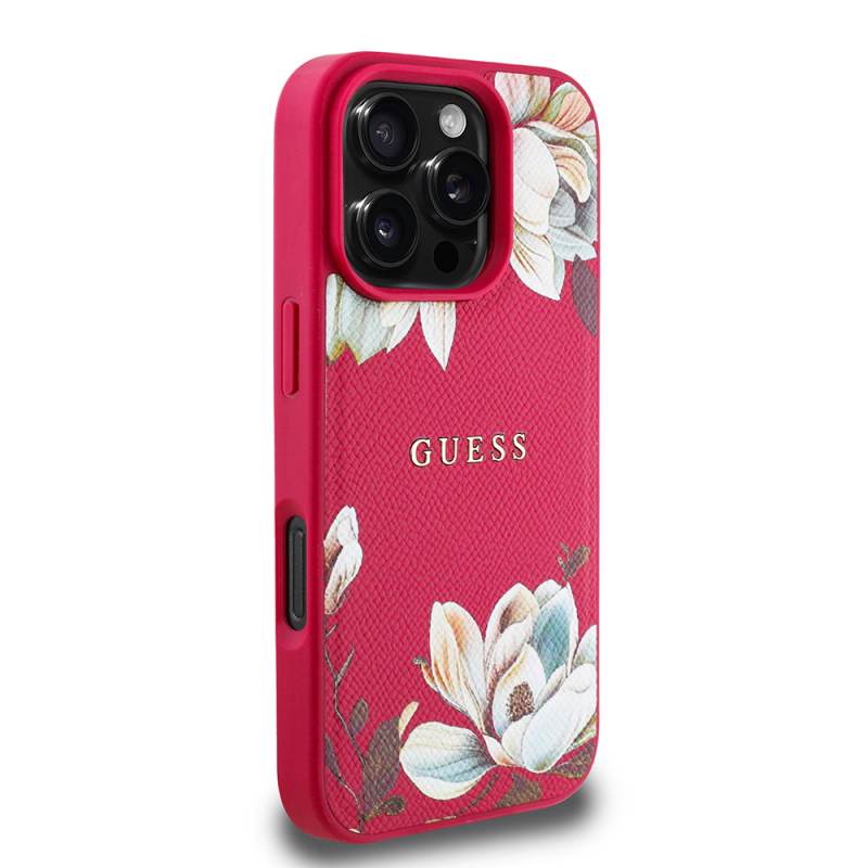 Apple iPhone 16 Pro Max Case Guess Original Licensed Magsafe Charging Featured Grained Flower Design Metal Text Logo Cover - 20