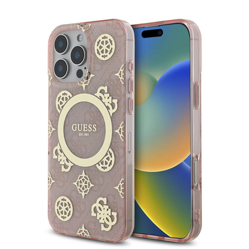 Apple iPhone 16 Pro Max Case Guess Original Licensed Magsafe Charging Featured IML Text Logo 4G Patterned Peony Cover - 18