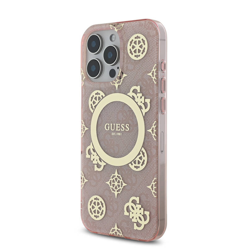 Apple iPhone 16 Pro Max Case Guess Original Licensed Magsafe Charging Featured IML Text Logo 4G Patterned Peony Cover - 20