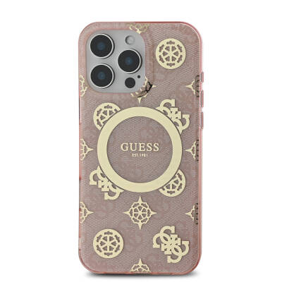 Apple iPhone 16 Pro Max Case Guess Original Licensed Magsafe Charging Featured IML Text Logo 4G Patterned Peony Cover - 21