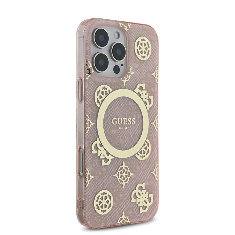 Apple iPhone 16 Pro Max Case Guess Original Licensed Magsafe Charging Featured IML Text Logo 4G Patterned Peony Cover - 22