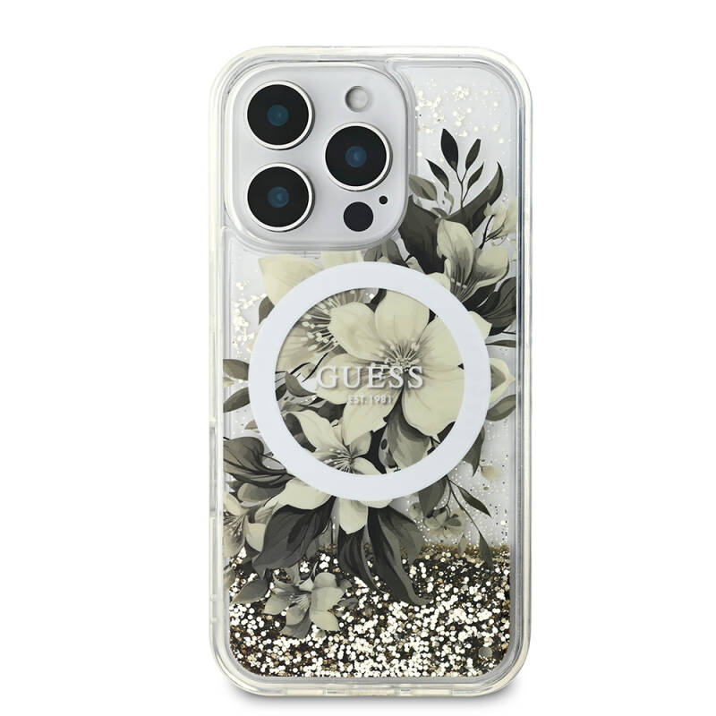 Apple iPhone 16 Pro Max Case Guess Original Licensed Magsafe Charging Featured Liquid Glitter Flower Patterned Cover - 4