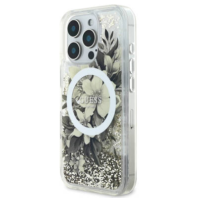 Apple iPhone 16 Pro Max Case Guess Original Licensed Magsafe Charging Featured Liquid Glitter Flower Patterned Cover - 7