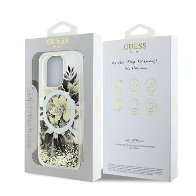 Apple iPhone 16 Pro Max Case Guess Original Licensed Magsafe Charging Featured Liquid Glitter Flower Patterned Cover - 12