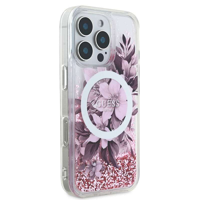 Apple iPhone 16 Pro Max Case Guess Original Licensed Magsafe Charging Featured Liquid Glitter Flower Patterned Cover - 14