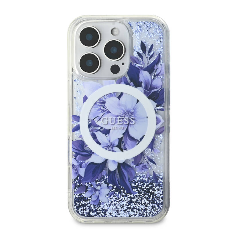 Apple iPhone 16 Pro Max Case Guess Original Licensed Magsafe Charging Featured Liquid Glitter Flower Patterned Cover - 6