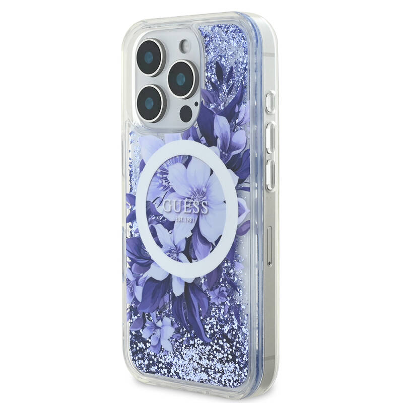 Apple iPhone 16 Pro Max Case Guess Original Licensed Magsafe Charging Featured Liquid Glitter Flower Patterned Cover - 19