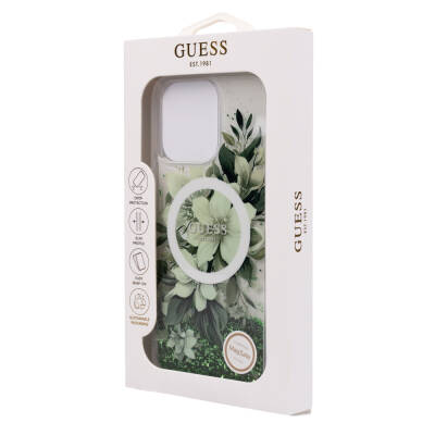 Apple iPhone 16 Pro Max Case Guess Original Licensed Magsafe Charging Featured Liquid Glitter Flower Patterned Cover - 31