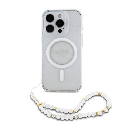 Apple iPhone 16 Pro Max Case Guess Original Licensed Magsafe Charging Featured Silvery Silicone Pearl Bracelet Cover - 4