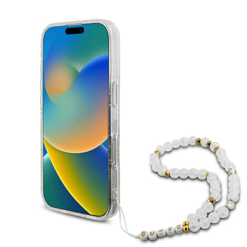 Apple iPhone 16 Pro Max Case Guess Original Licensed Magsafe Charging Featured Silvery Silicone Pearl Bracelet Cover - 22