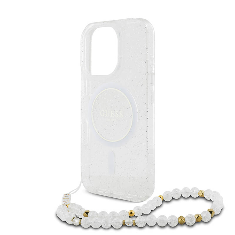 Apple iPhone 16 Pro Max Case Guess Original Licensed Magsafe Charging Featured Silvery Silicone Pearl Bracelet Cover - 23