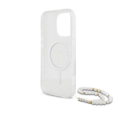 Apple iPhone 16 Pro Max Case Guess Original Licensed Magsafe Charging Featured Silvery Silicone Pearl Bracelet Cover - 24