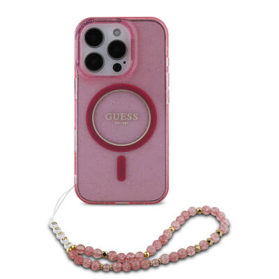 Apple iPhone 16 Pro Max Case Guess Original Licensed Magsafe Charging Featured Silvery Silicone Pearl Bracelet Cover - 2