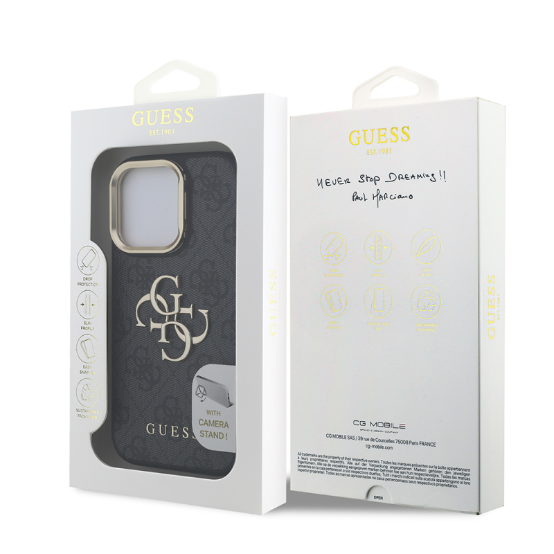 Apple iPhone 16 Pro Max Case Guess Original Licensed PU Leather 4G Patterned Metal Big 4G and Text Logo Camera Stand Cover - 18