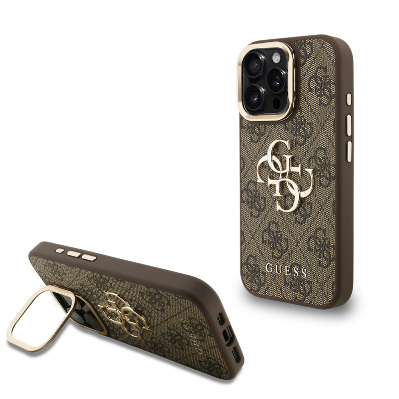 Apple iPhone 16 Pro Max Case Guess Original Licensed PU Leather 4G Patterned Metal Big 4G and Text Logo Camera Stand Cover - 1